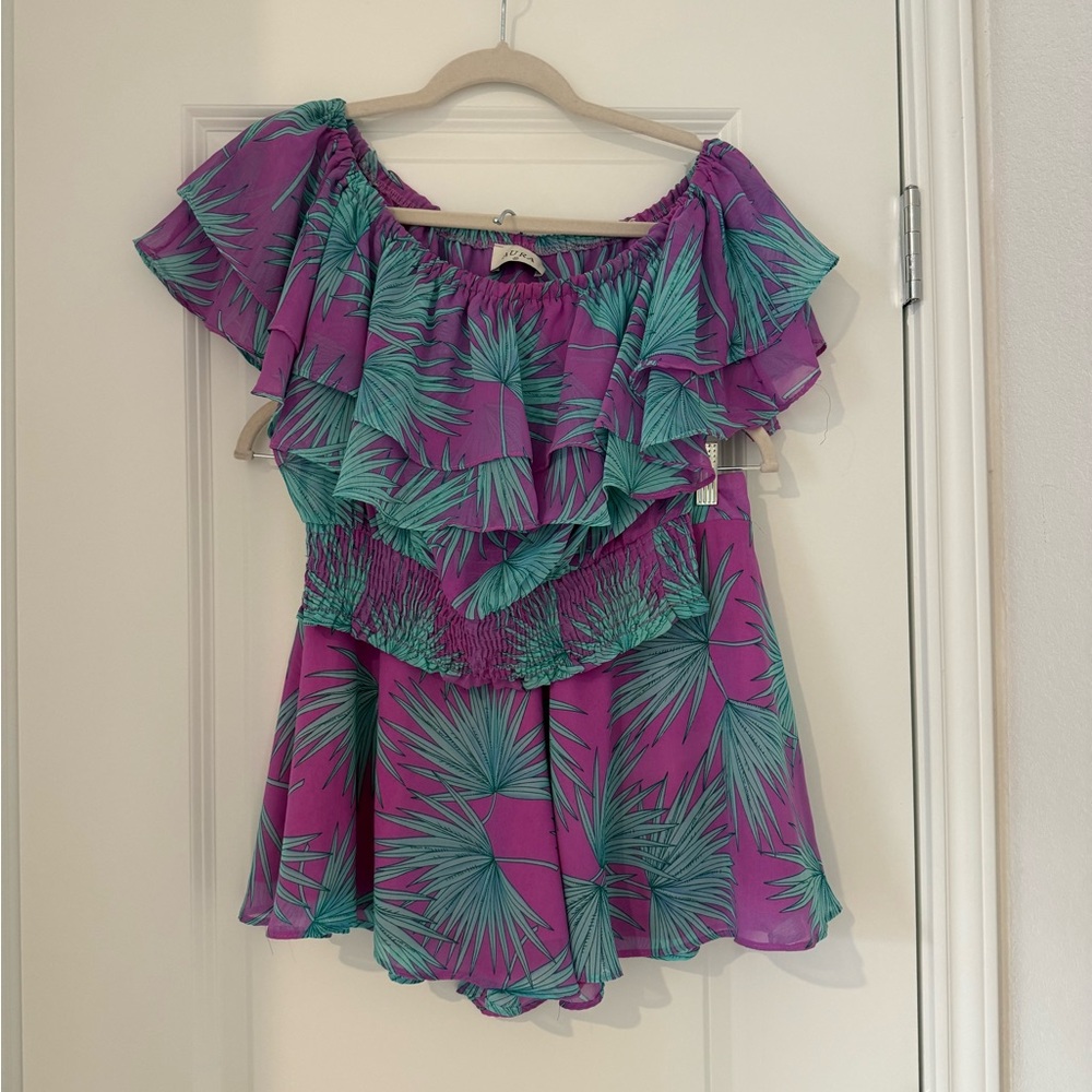 Tropical Purple and Teal Ruffle Top & Flowy Shorts. Vacation ready!